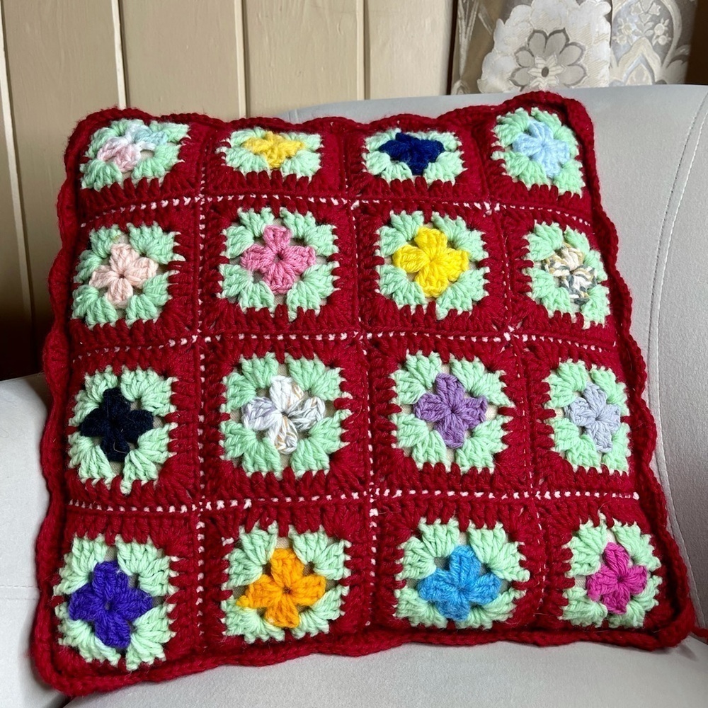 Vintage Granny Square Crochet Throw Pillow Red